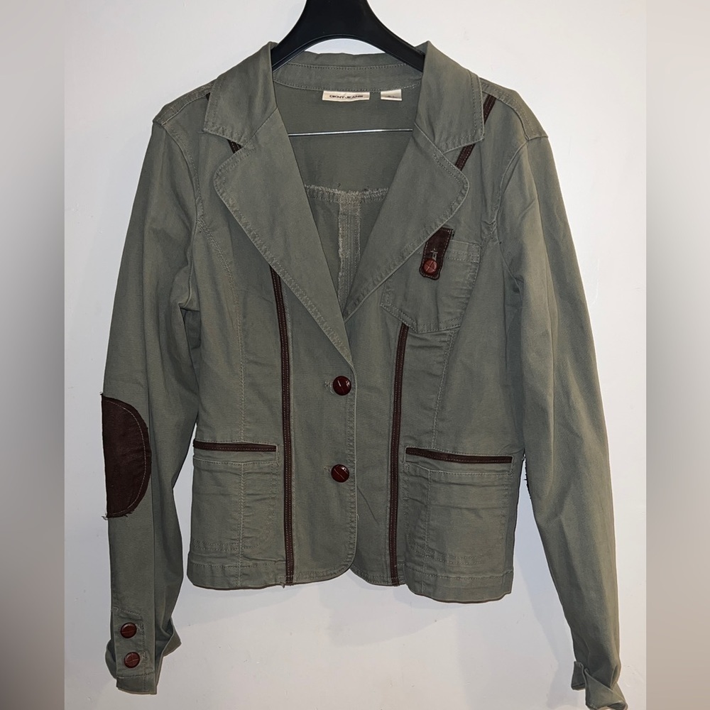 DKNY JEANS Women’s Olive Green Chambray Contrast Trim Elbow Patch Blazer Jacket